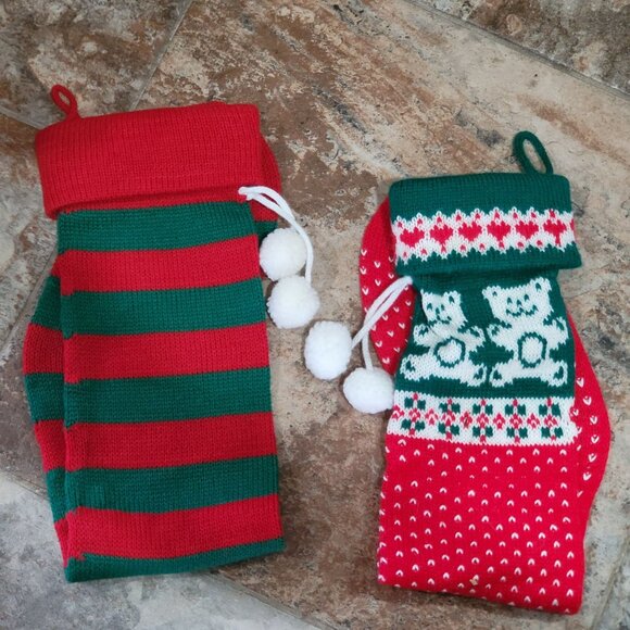 Knitted Christmas Stockings Teddy Bears Hearts Striped Pattern Set of 2 Large S - Picture 9 of 9